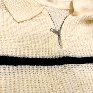 Dark Cream Striped Quarter Zip Up Knitted Long Sleeve Polo Sweater